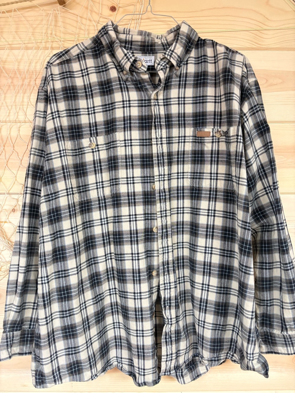 Carhartt Men’s Cream and Black Plaid Button-Down Shirt